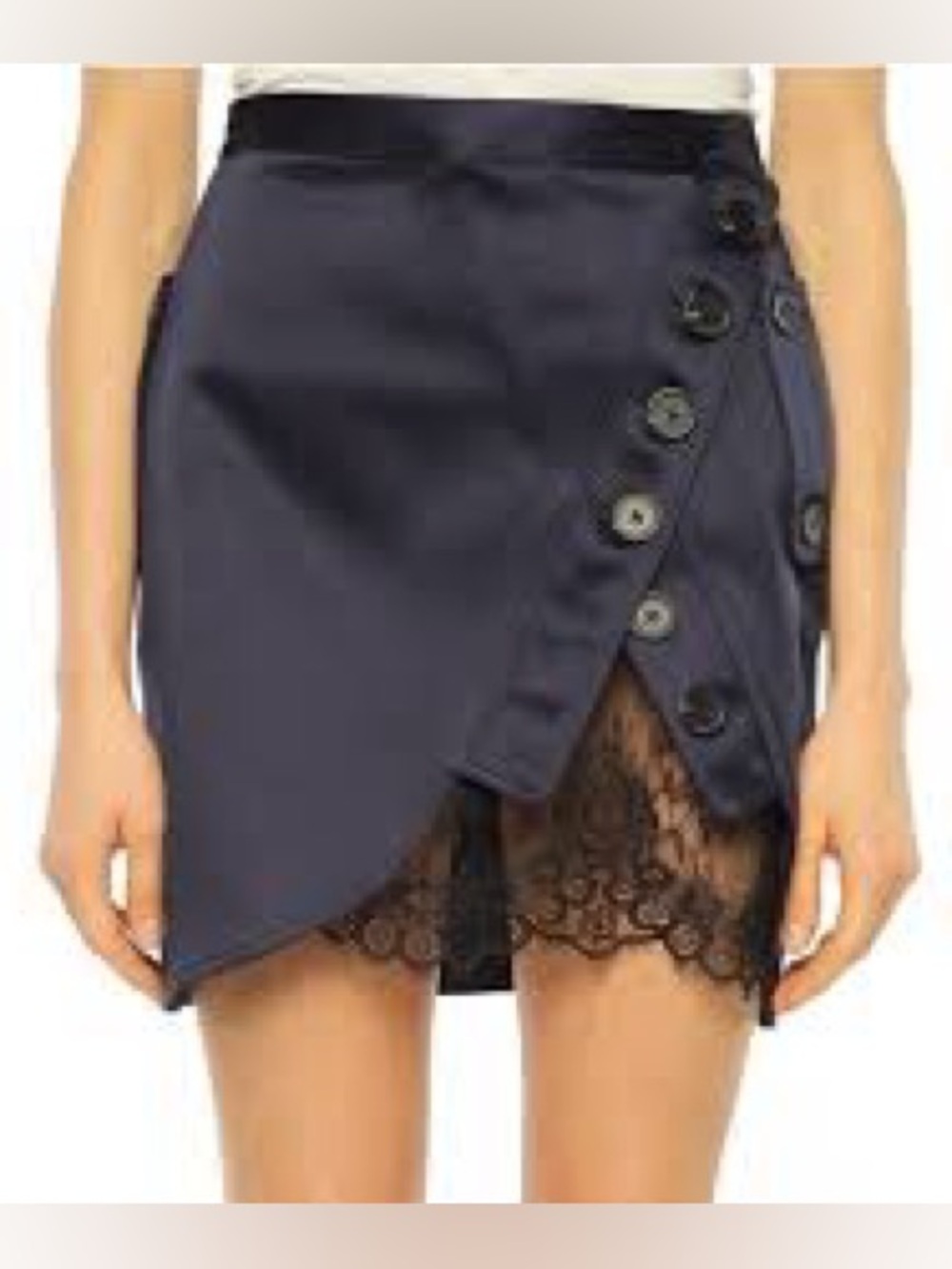 Self-Portrait Navy Blue Lace Trim Satin Buttoned Mini Skirt